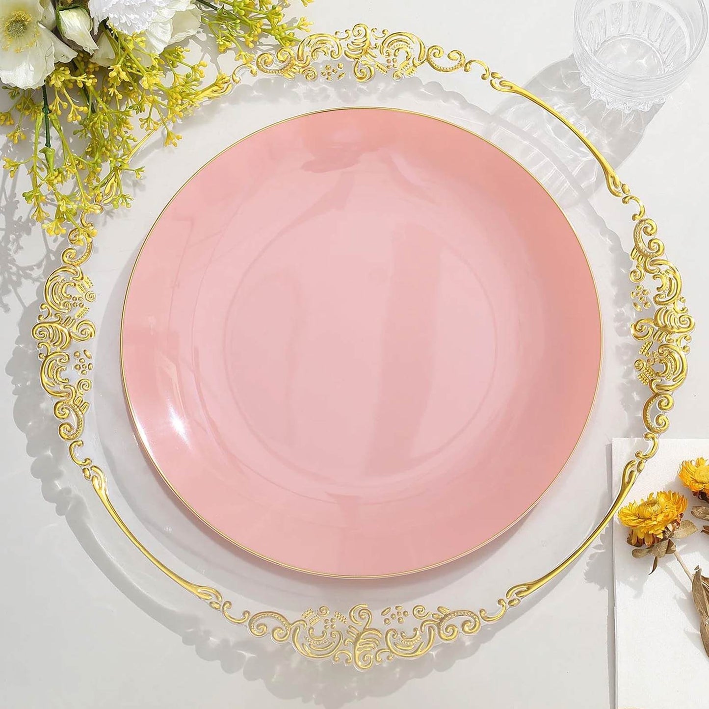10-Pack Plastic 10" Round Dinner Plates in Dusty Rose with Gold Rim - Glossy Disposable Party Plates