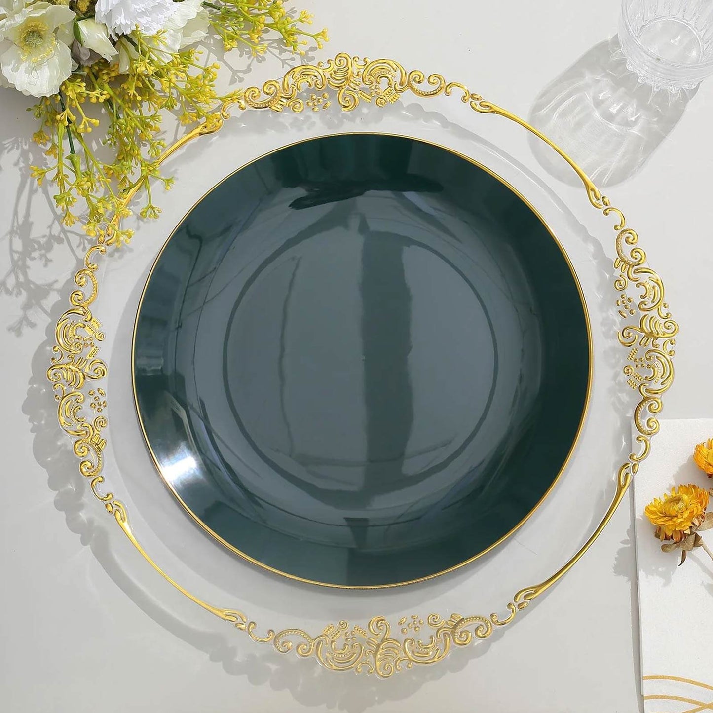 10-Pack Plastic 10" Round Dinner Plates in Hunter Emerald Green with Gold Rim - Glossy Disposable Party Plates