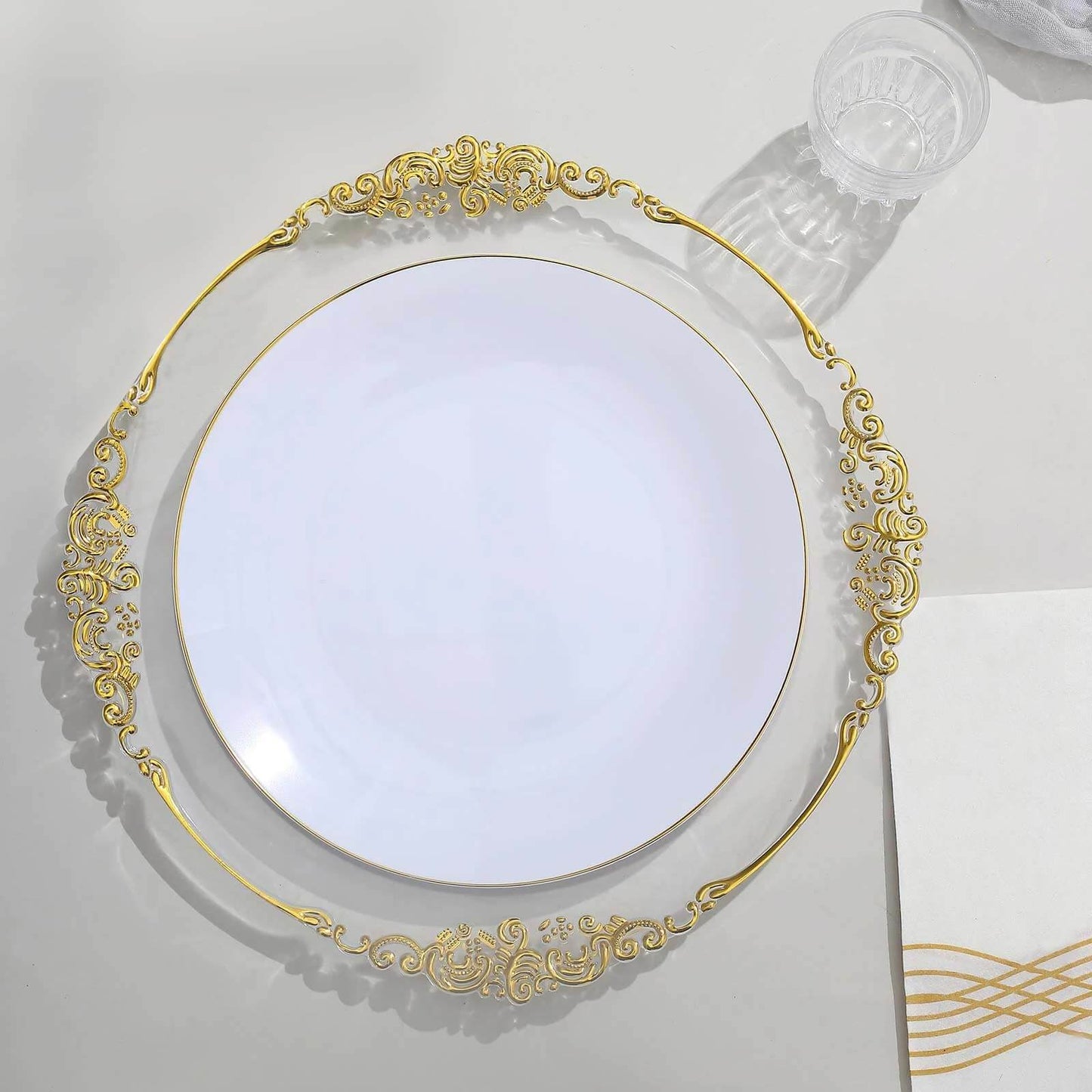10-Pack Plastic 10" Round Dinner Plates in White with Gold Rim - Glossy Disposable Party Plates for Banquets & Special Occasions