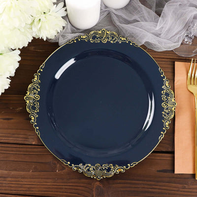 10-Pack Plastic 10" Round Dinner Plates in Navy Blue with Gold Leaf Embossed Rim - Disposable Vintage Baroque Style Plates
