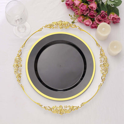 10-Pack Plastic 10" Round Dinner Plates in Black with Gold Rim - Disposable Party Plates for Classy Banquets & Special Occasions