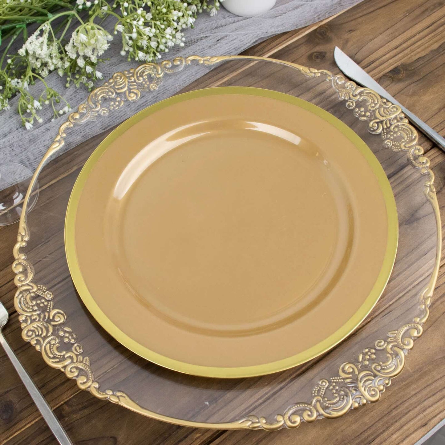 10-Pack Plastic 10" Round Dinner Plates in Gold - Disposable Party Plates for Classy Banquets & Special Occasions