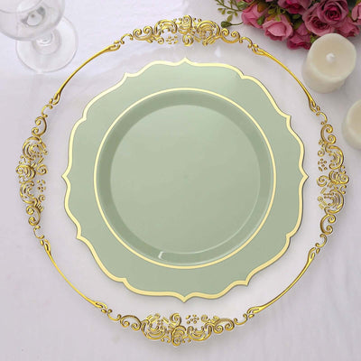 10-Pack Plastic 10" Round Dinner Plates in Sage Green with Gold Scalloped Rim - Disposable Party Plates