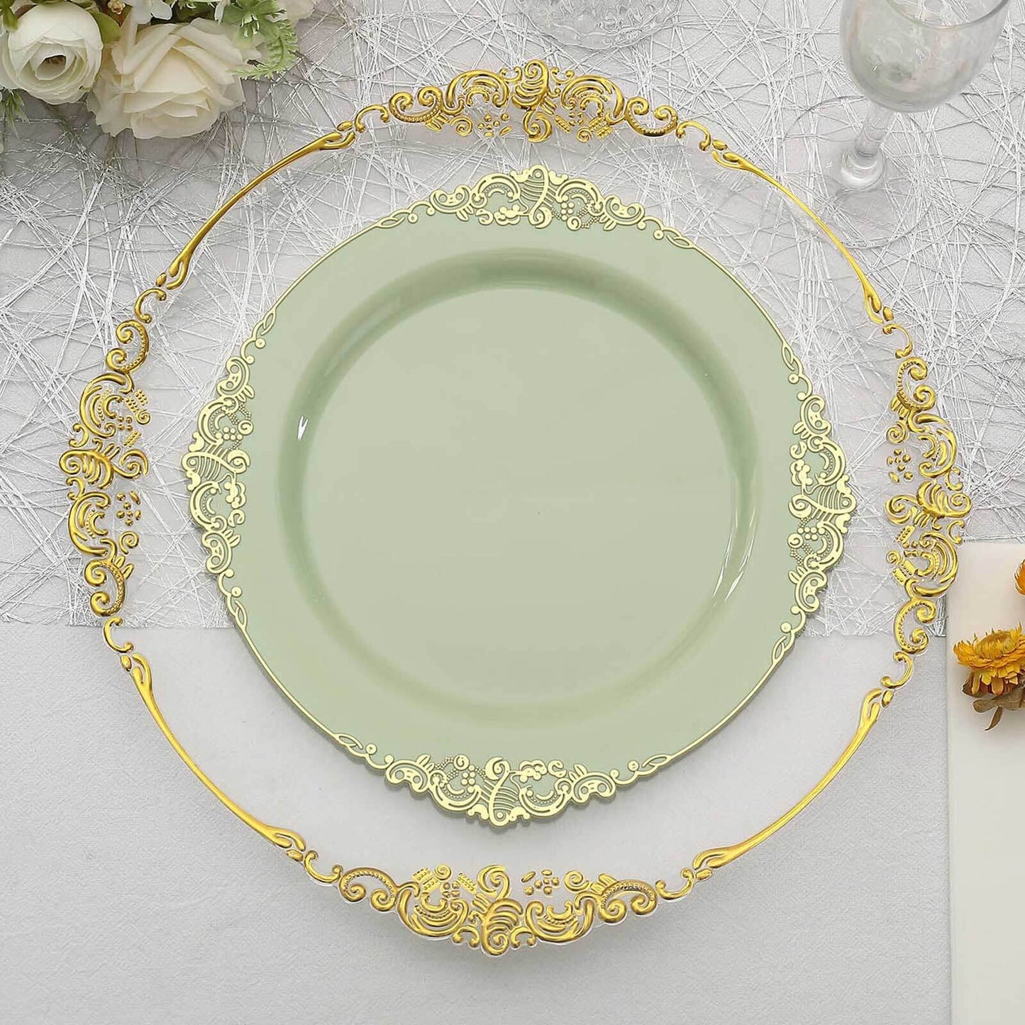 10-Pack Plastic 10" Round Dinner Plates in Sage Green with Gold Leaf Embossed Rim - Disposable Vintage Baroque Style Plates