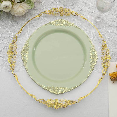 10-Pack Plastic 10" Round Dinner Plates in Sage Green with Gold Leaf Embossed Rim - Disposable Vintage Baroque Style Plates