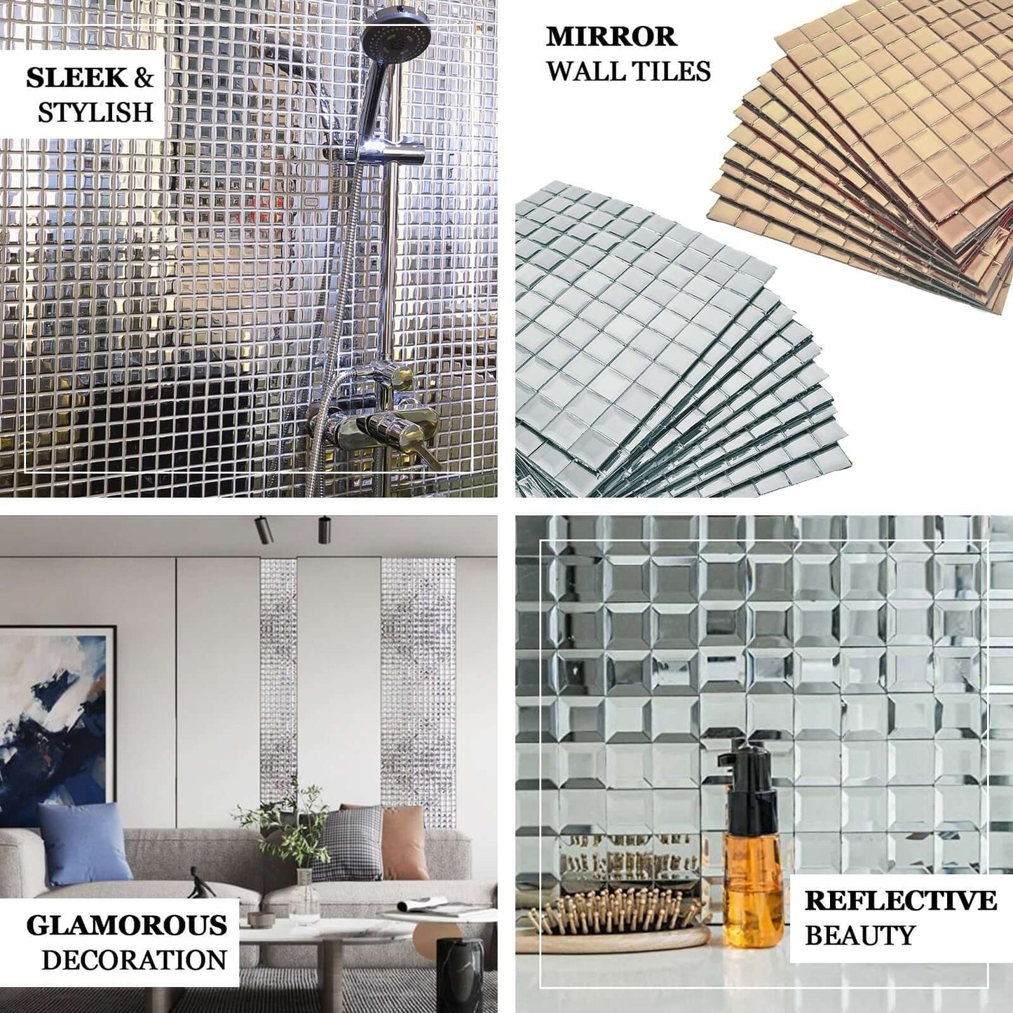 10 Pack 10 Sq ft Silver Peel and Stick Backsplash Mirror Wall Tiles - Linen Luxes