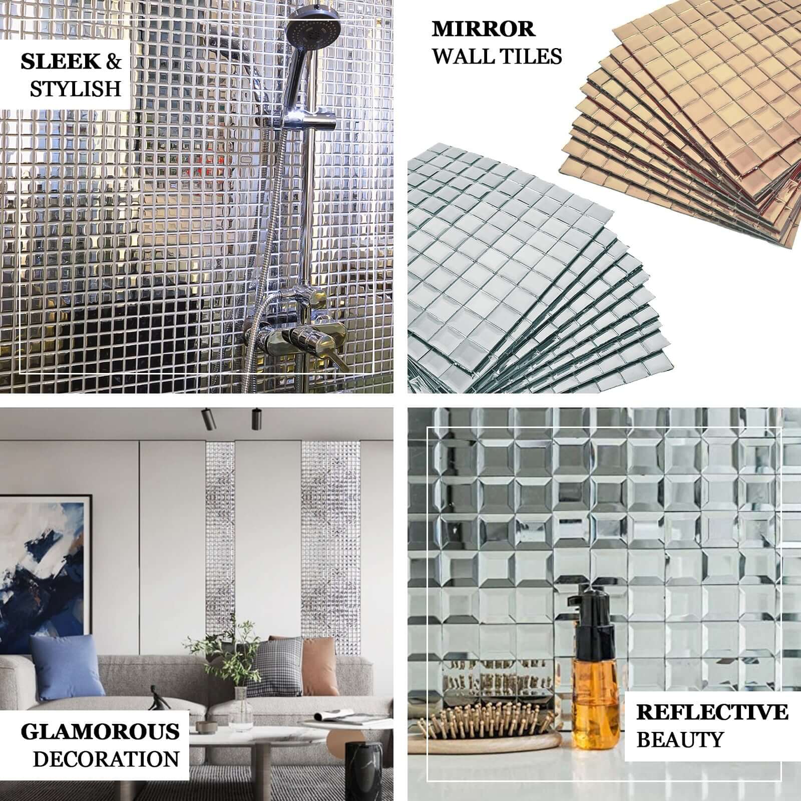 10 Pack 10 Sq ft Silver Peel and Stick Backsplash Mirror Wall Tiles - Linen Luxes