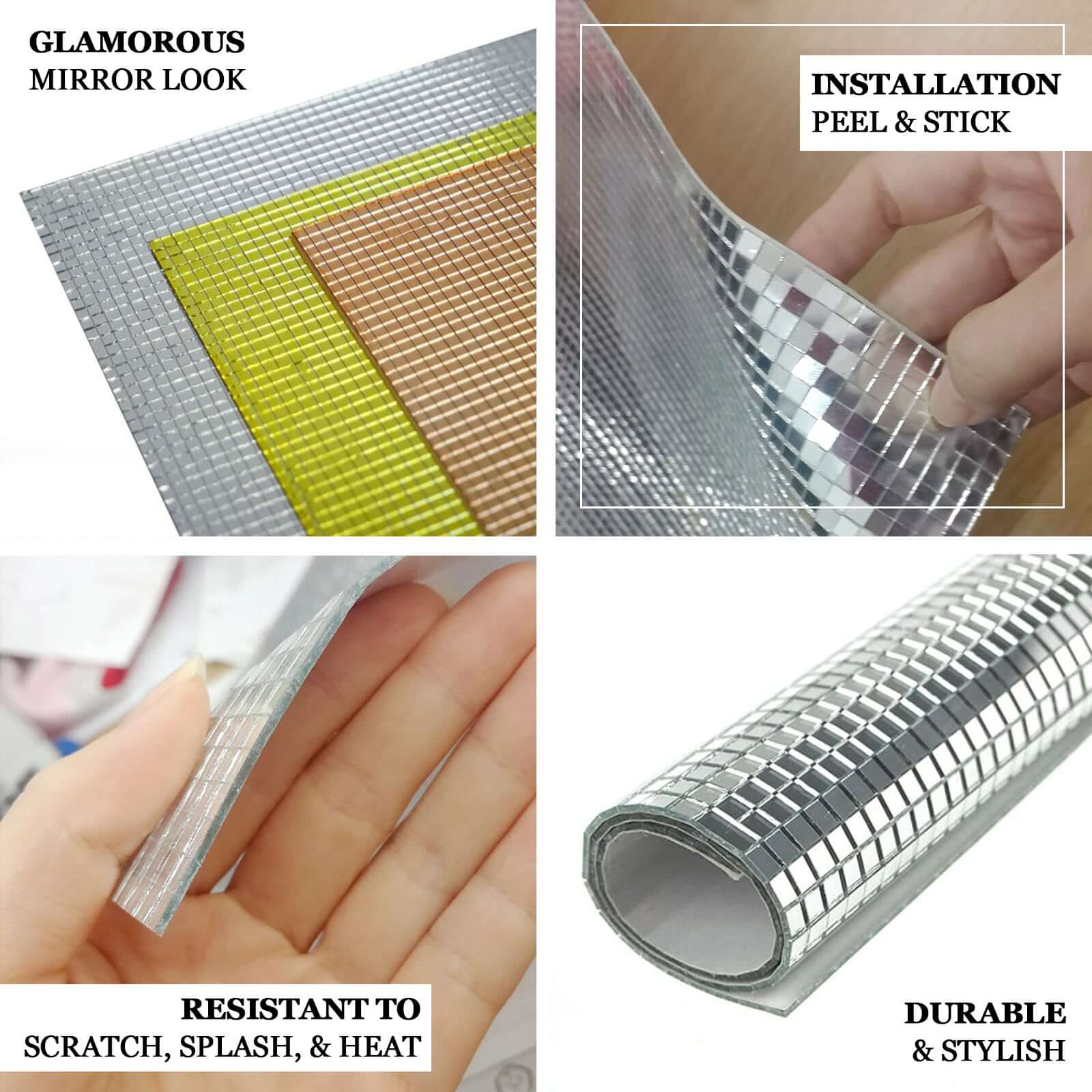 10 Pack 10 Sq ft Silver Peel and Stick Backsplash, Mosaic Mirror Wall Tiles - Linen Luxes