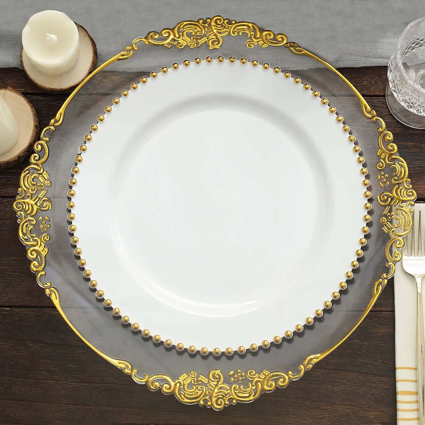 10-Pack Plastic 10" Round Dinner Plates in White with Gold Beaded Rim - Disposable Party Plates for Banquets & Festive Occasions