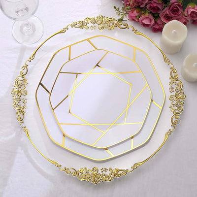 10-Pack Plastic 10" Octagon Dinner Plates in White - Modern Disposable Party Plates with Gold Geometric Design for Special Occasions & Celebrations