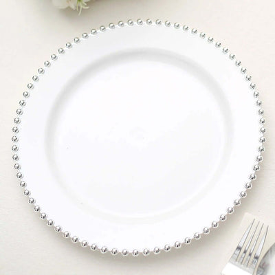 10-Pack Plastic 10" Round Dinner Plates in White with Silver Beaded Rim - Disposable Party Plates for Banquets & Festive Occasions