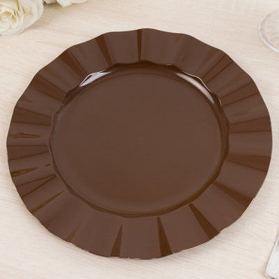 10-Pack Plastic 11" Round Dinner Plates in Cinnamon Brown Ruffled Rim with Gold Edging - Sturdy Disposable Dinnerware