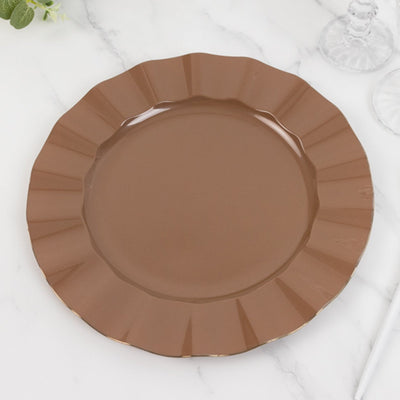 10-Pack Plastic 11" Round Dinner Plates in Coffee Brown Ruffled Rim with Gold Edging - Sturdy Disposable Dinnerware