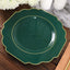 10-Pack Plastic Dinner Plates in Hunter Emerald Green Baroque Design with Scalloped Gold Rim - Heavy Duty Disposable Party Plates 11"