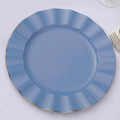 10-Pack Plastic 11" Round Dinner Plates in Ocean Blue Ruffled Rim with Gold Edging - Sturdy Disposable Dinnerware