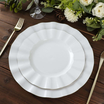 10-Pack Plastic 11" Round Dinner Plates in White Ruffled Rim with Gold Edging - Sturdy Disposable Dinnerware for Classy Events & Banquets