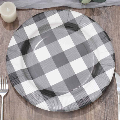 10-Pack Disposable Paper Charger Plates â€“ Black/White Buffalo Plaid 13" Round Table Chargers, 350 GSM Cardstock
