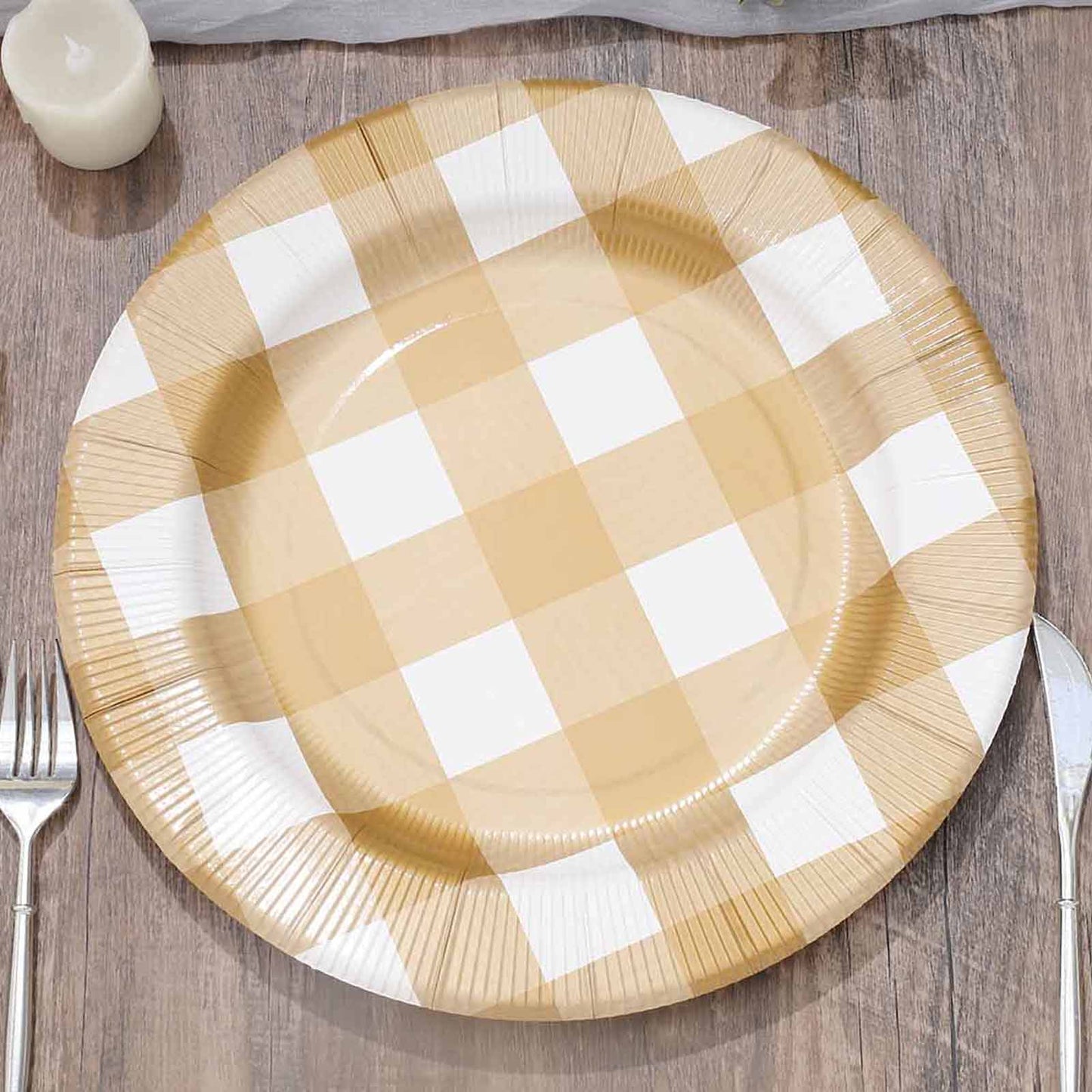 10-Pack Disposable Paper Charger Plates â€“ Gold/White Buffalo Plaid 13" Round Table Chargers, 350 GSM Cardstock
