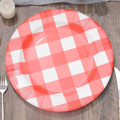10-Pack Disposable Paper Charger Plates â€“ Red/White Buffalo Plaid 13" Round Table Chargers, 350 GSM Cardstock