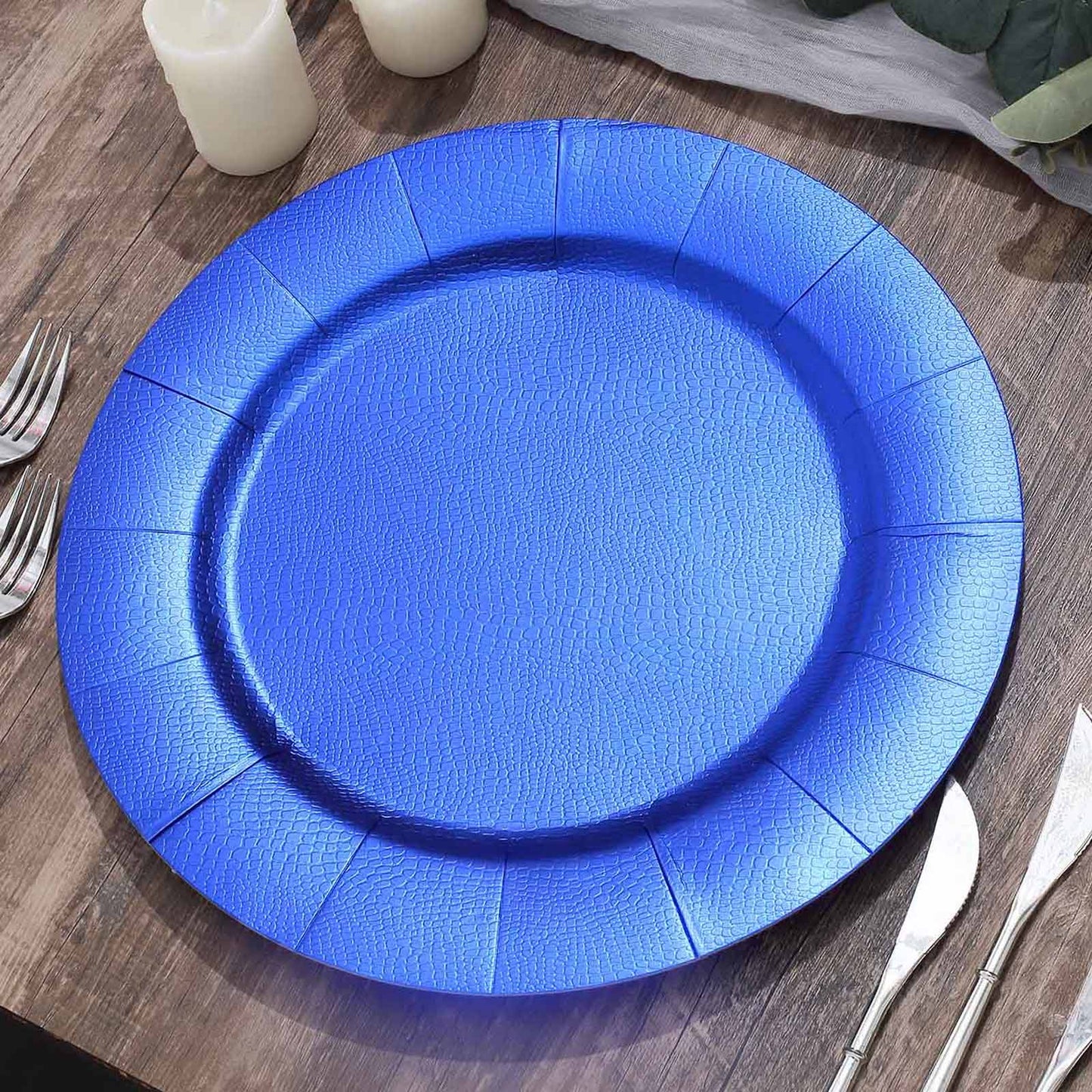 10-Pack Disposable Round Charger Plates in Royal Blue with Leathery Texture - Durable 1100GSM Cardboard Placemats 13"
