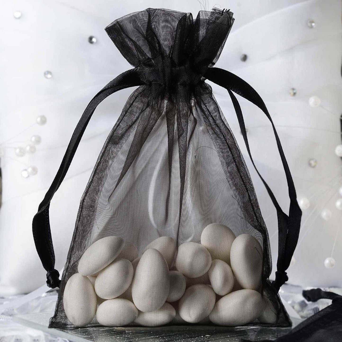 10 Pack 4"x6" Black Organza Drawstring Wedding Party Favor Gift Bags - Linen Luxes