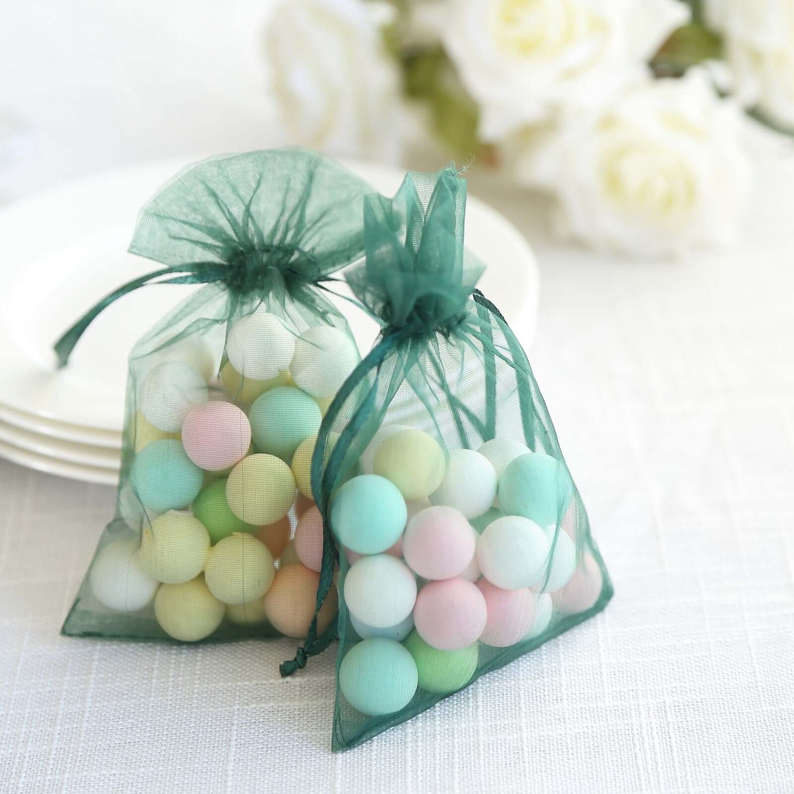 10 Pack 4"x6" Hunter Emerald Green Organza Drawstring Wedding Party Favor Gift Bags - Linen Luxes