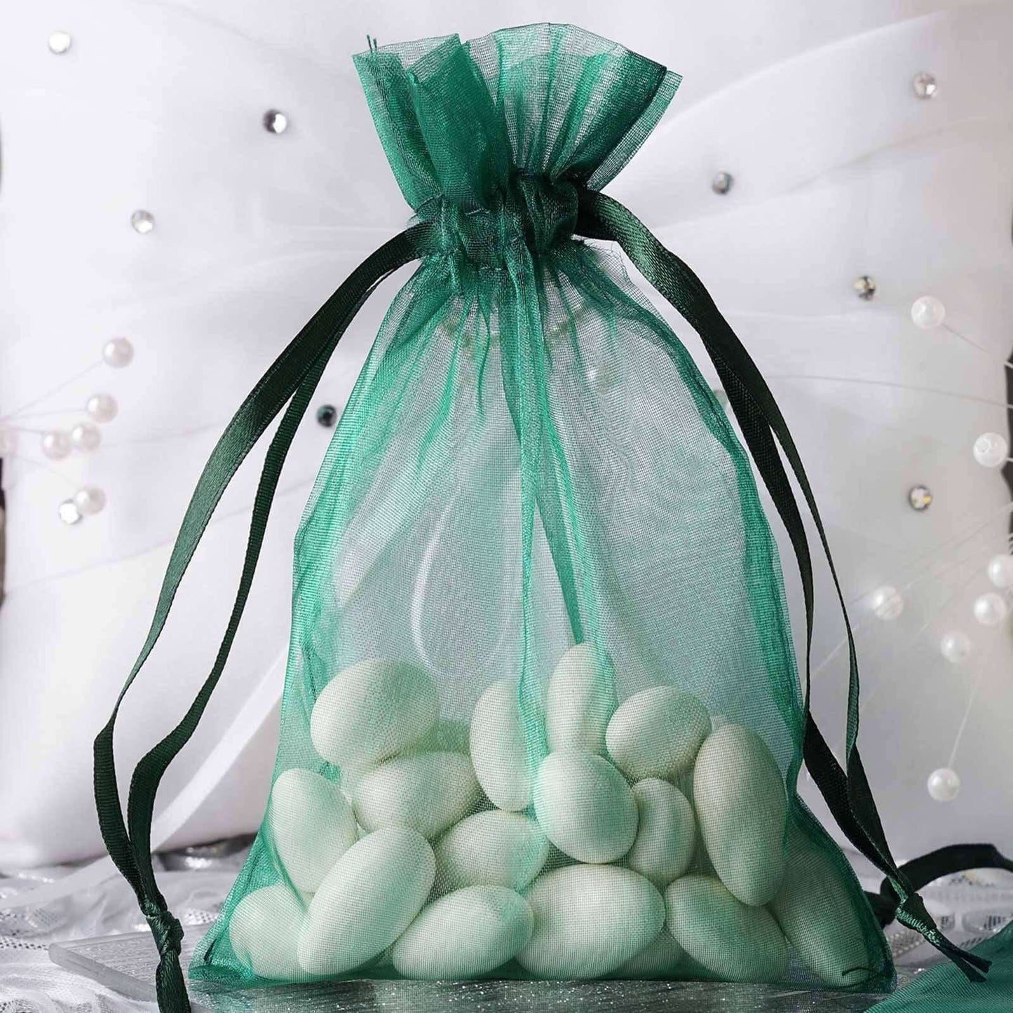 10 Pack 4"x6" Hunter Emerald Green Organza Drawstring Wedding Party Favor Gift Bags - Linen Luxes