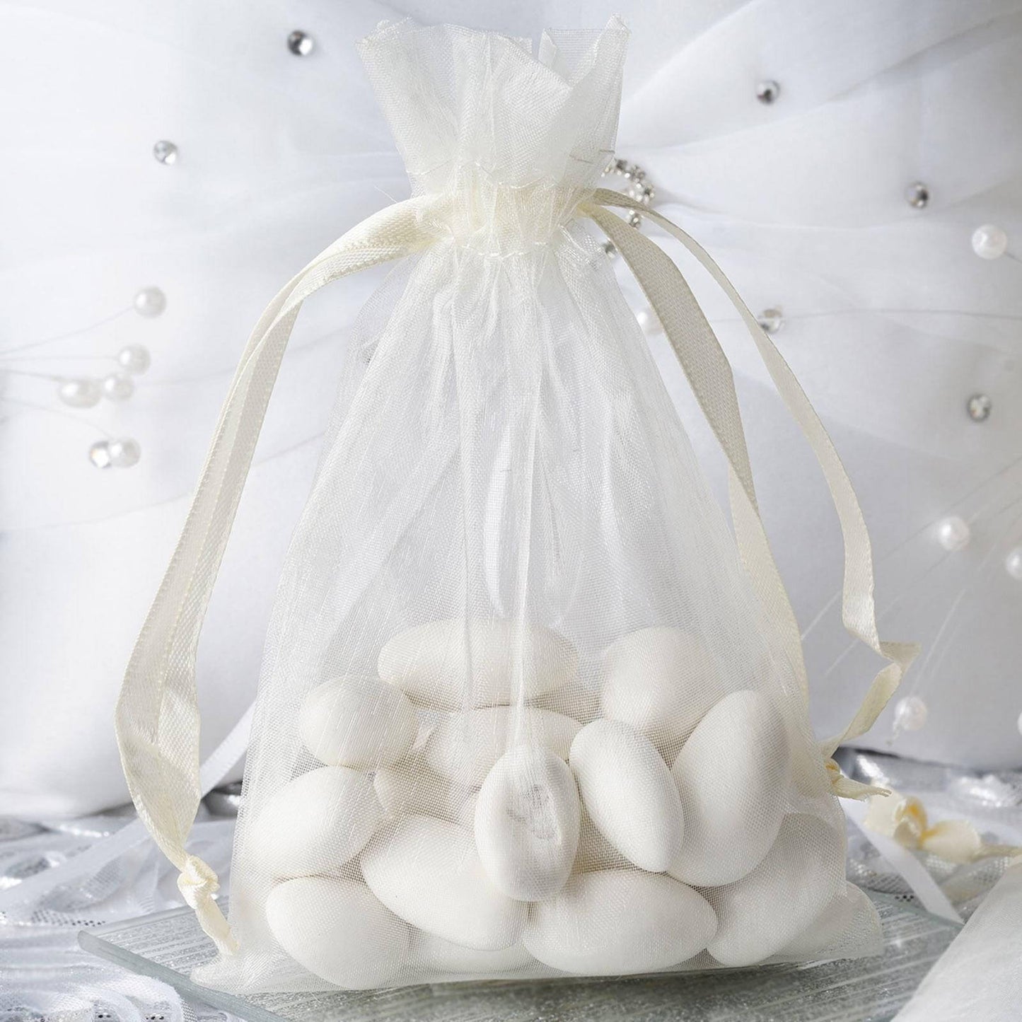 10 Pack 4"x6" Ivory Organza Drawstring Wedding Party Favor Gift Bags - Linen Luxes