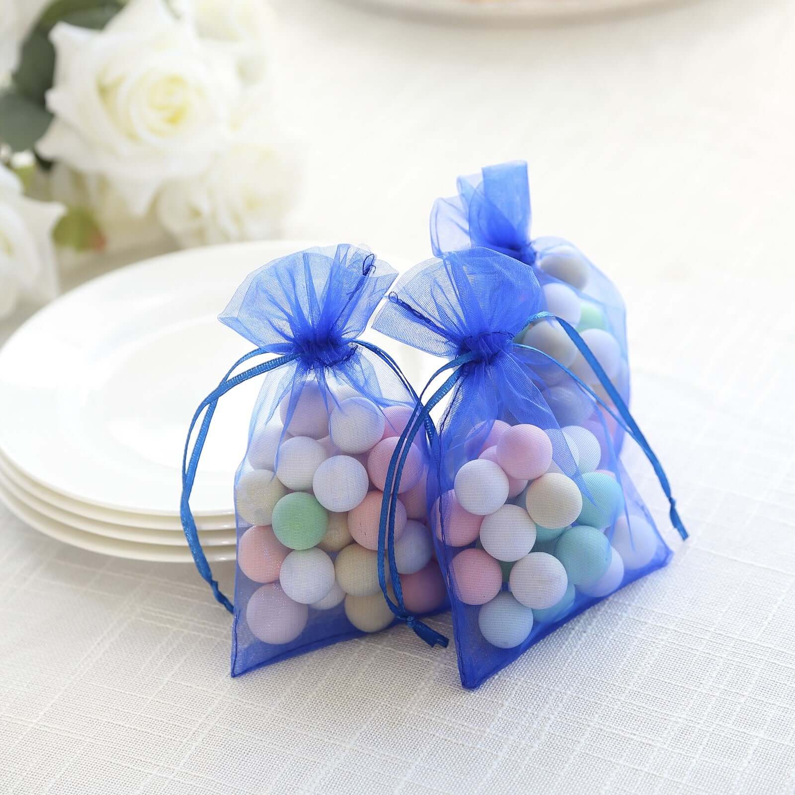 10 Pack 4"x6" Royal Blue Organza Drawstring Wedding Party Favor Gift Bags - Linen Luxes