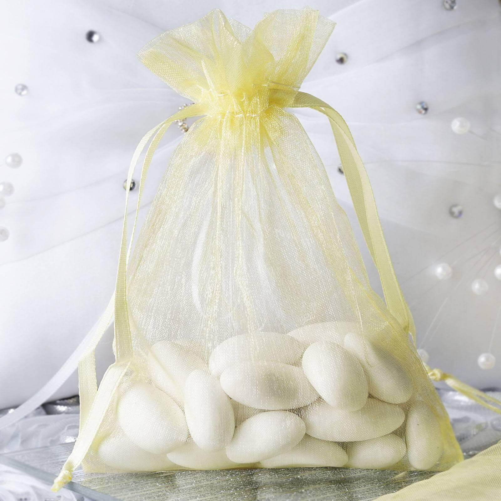 10 Pack 4"x6" Yellow Organza Drawstring Wedding Party Favor Gift Bags - Clearance SALE - Linen Luxes