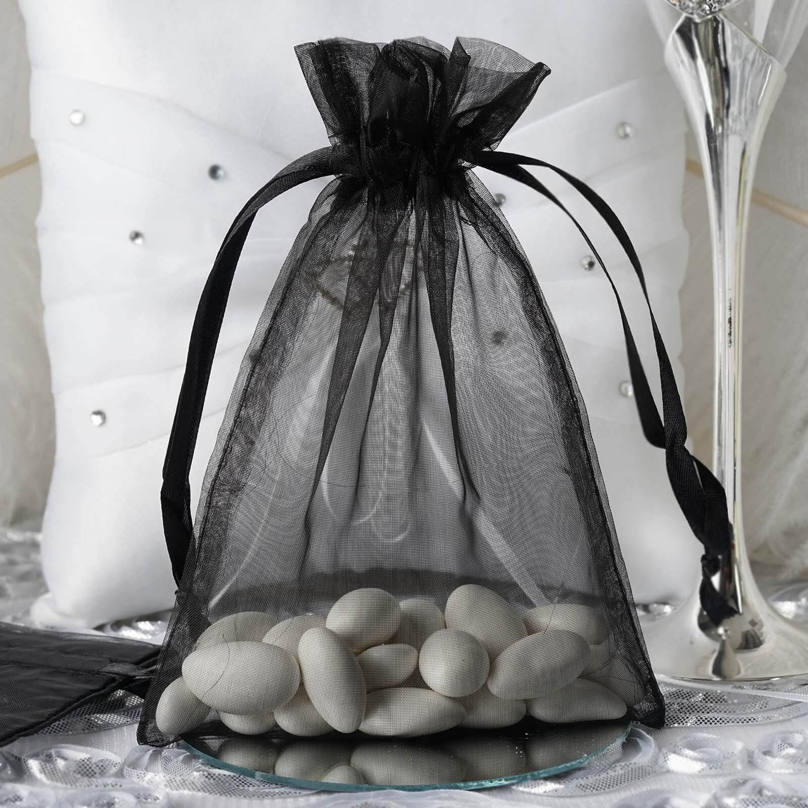 10 Pack 5"x7" Black Organza Drawstring Wedding Party Favor Gift Bags - Linen Luxes