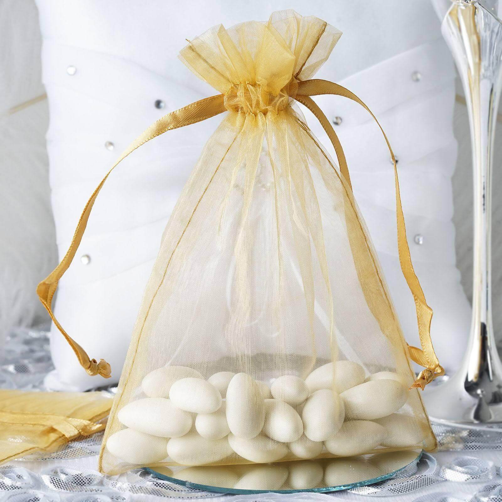 10 Pack 5"x7" Gold Organza Drawstring Wedding Party Favor Gift Bags - Linen Luxes