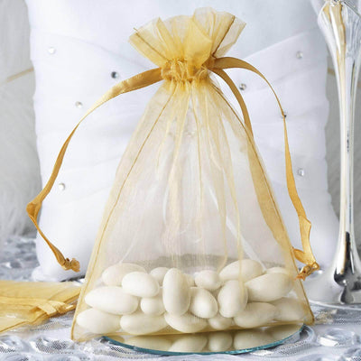 10 Pack 5"x7" Gold Organza Drawstring Wedding Party Favor Gift Bags - Linen Luxes