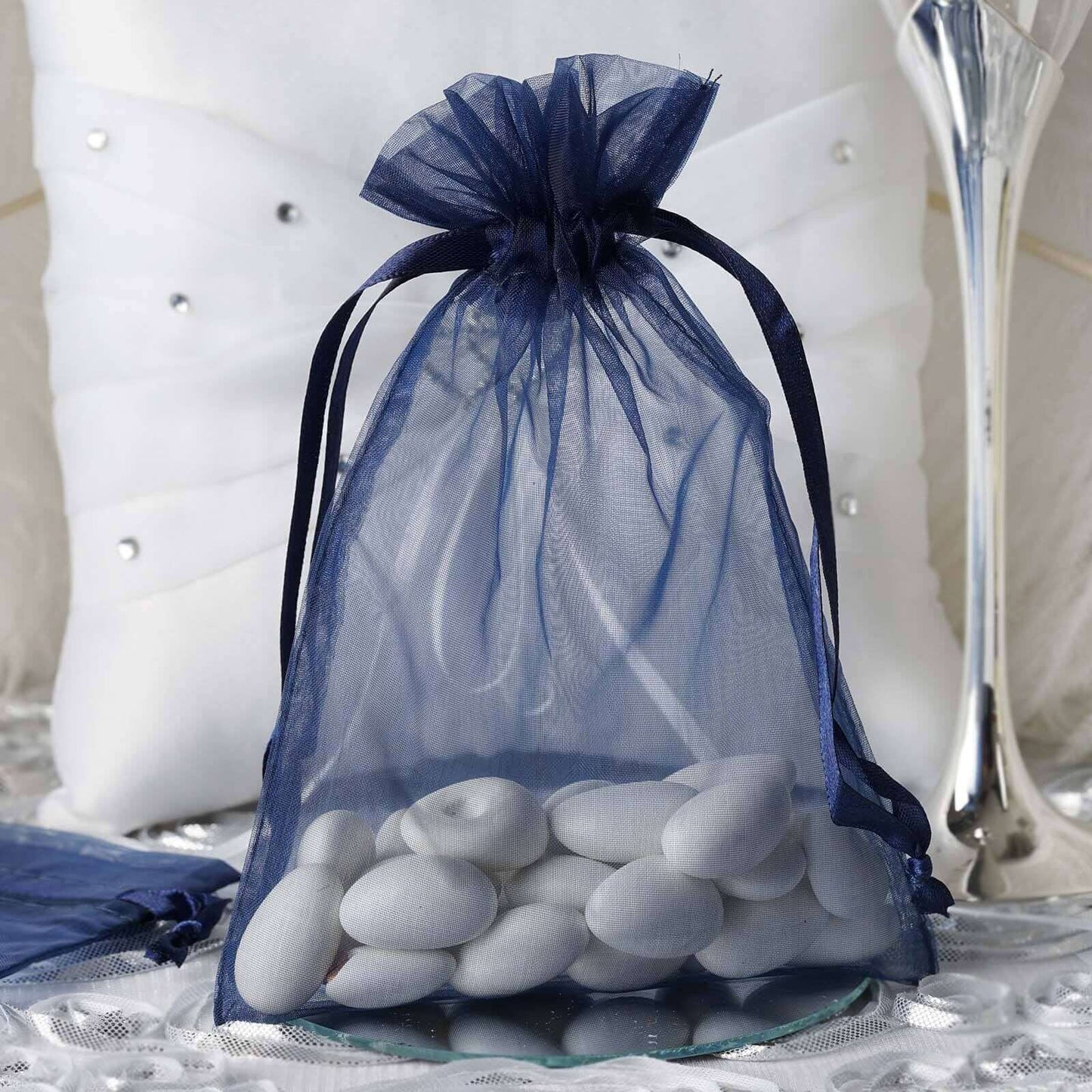 10 Pack 5"x7" Navy Blue Organza Drawstring Wedding Party Favor Gift Bags - Linen Luxes