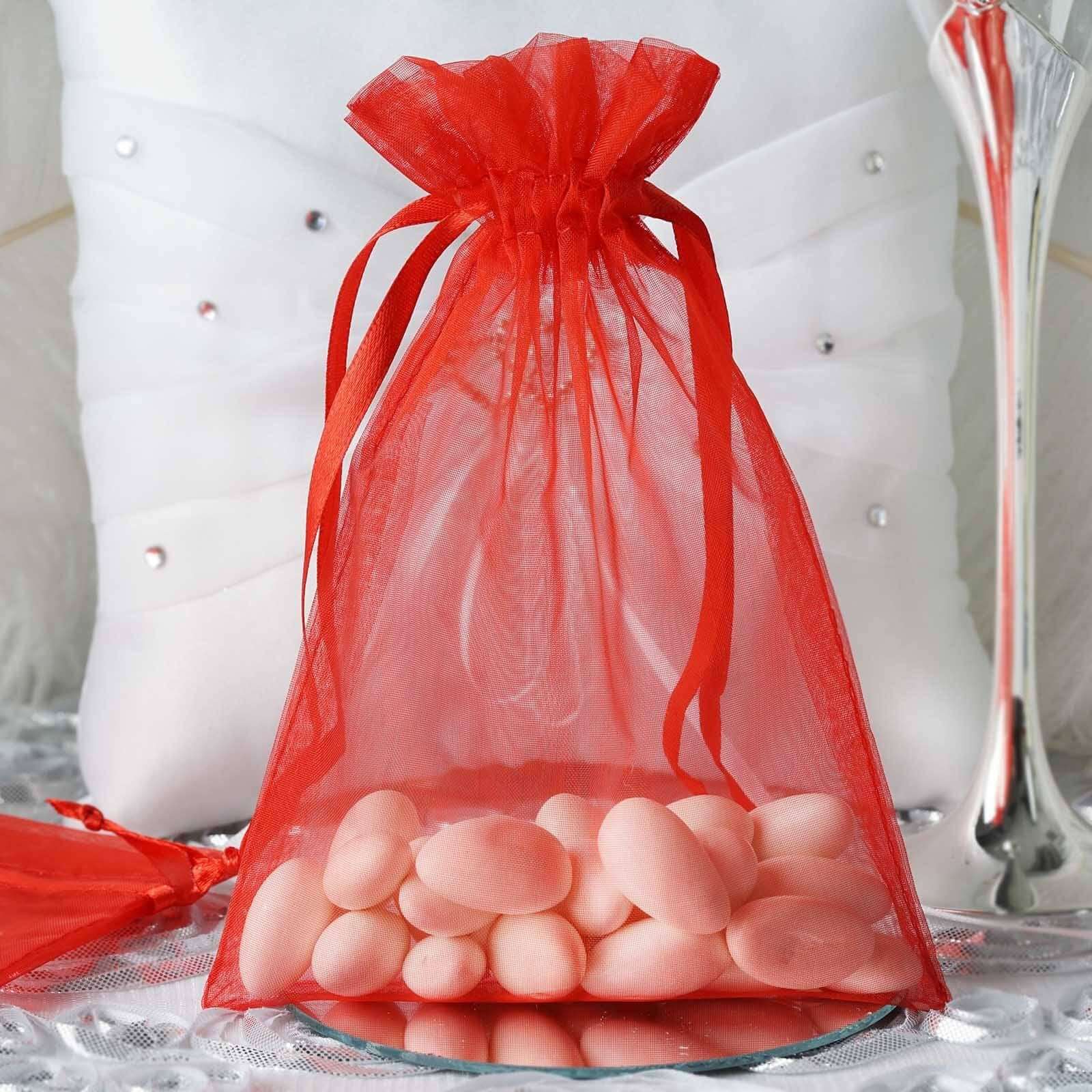 10 Pack 5"x7" Red Organza Drawstring Wedding Party Favor Gift Bags - Linen Luxes