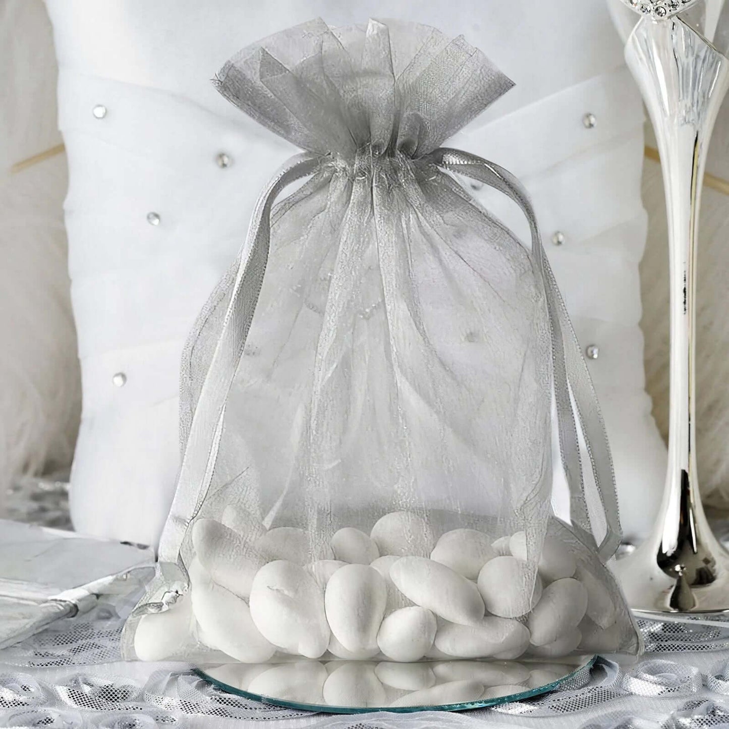 10 Pack 5"x7" Silver Organza Drawstring Wedding Party Favor Gift Bags - Linen Luxes