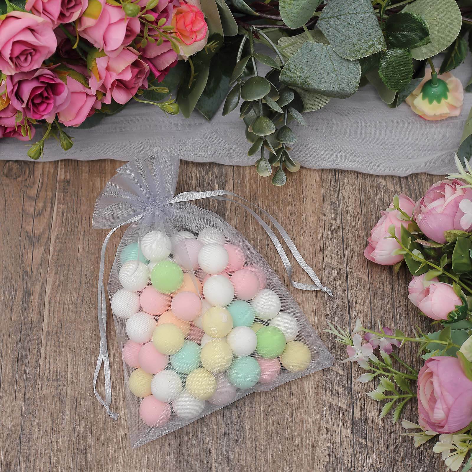 10 Pack 5"x7" Silver Organza Drawstring Wedding Party Favor Gift Bags - Linen Luxes