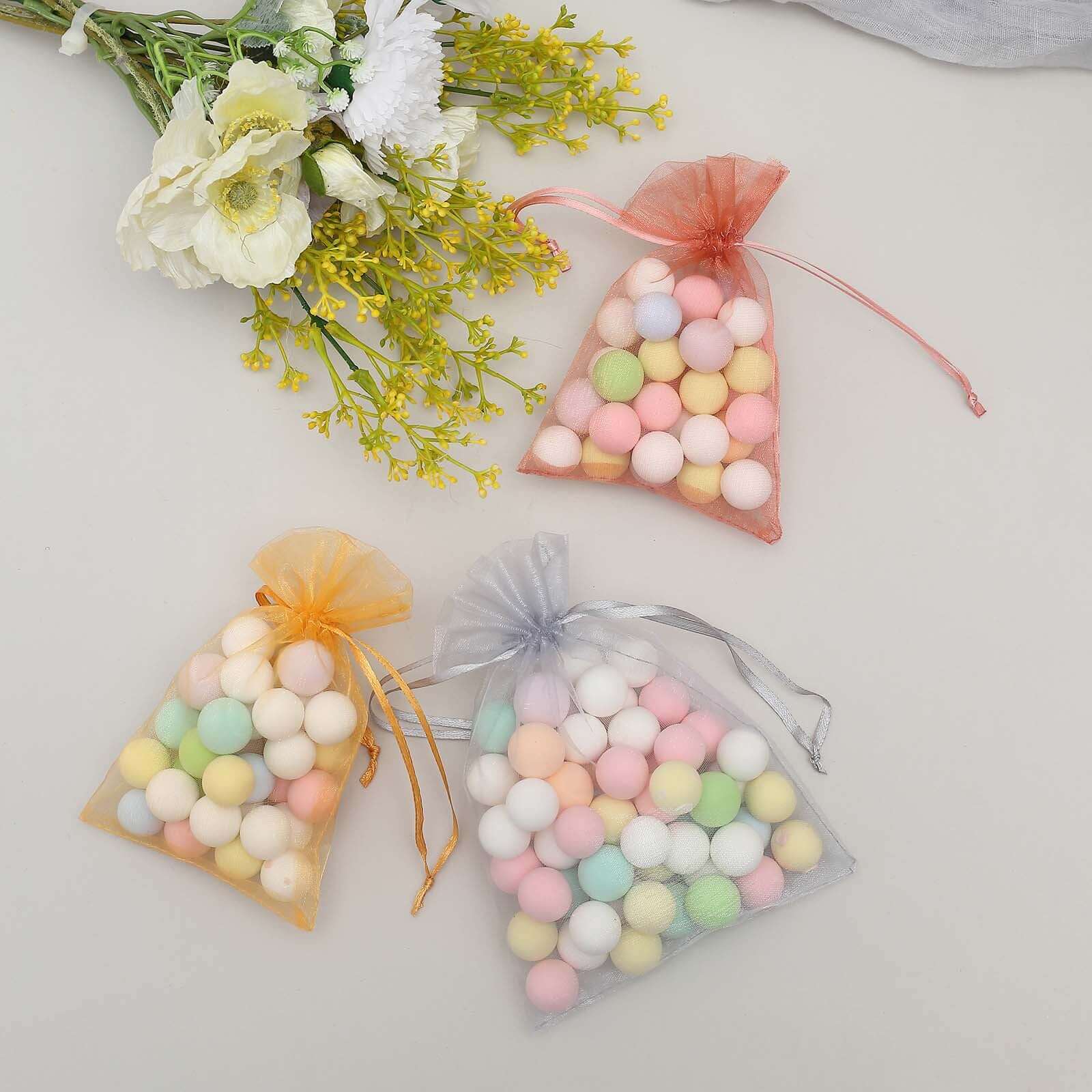 10 Pack 5"x7" Silver Organza Drawstring Wedding Party Favor Gift Bags - Linen Luxes