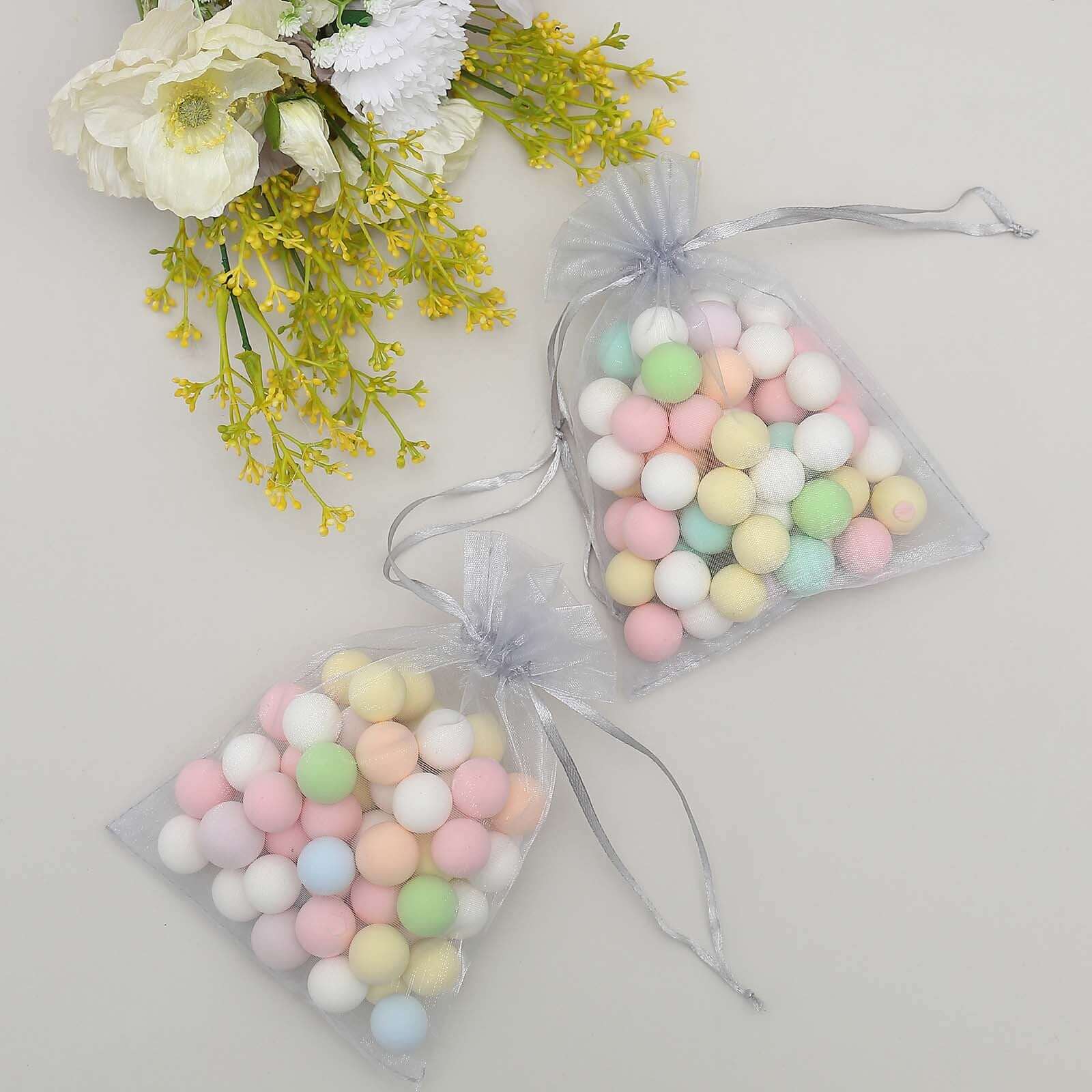 10 Pack 5"x7" Silver Organza Drawstring Wedding Party Favor Gift Bags - Linen Luxes