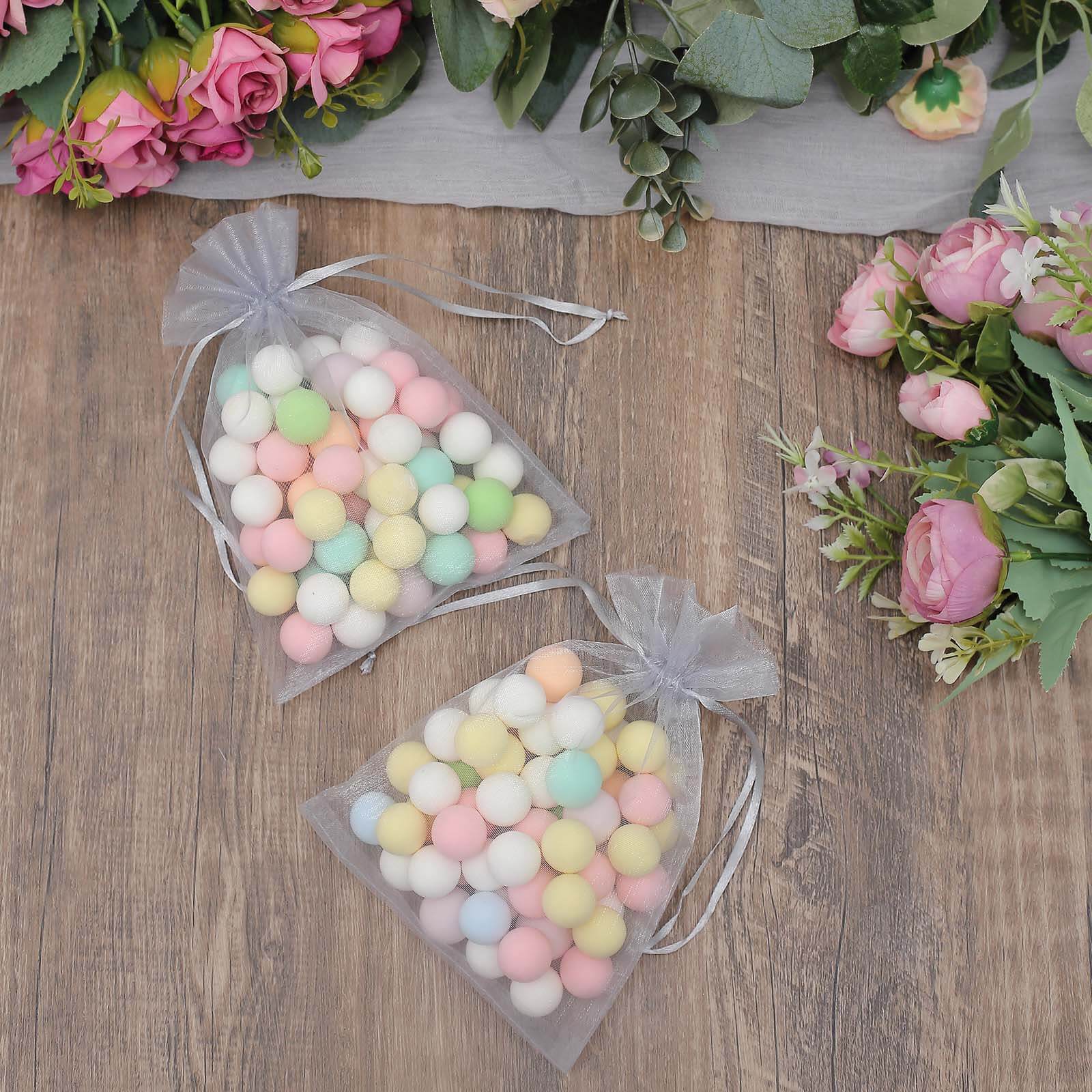 10 Pack 5"x7" Silver Organza Drawstring Wedding Party Favor Gift Bags - Linen Luxes