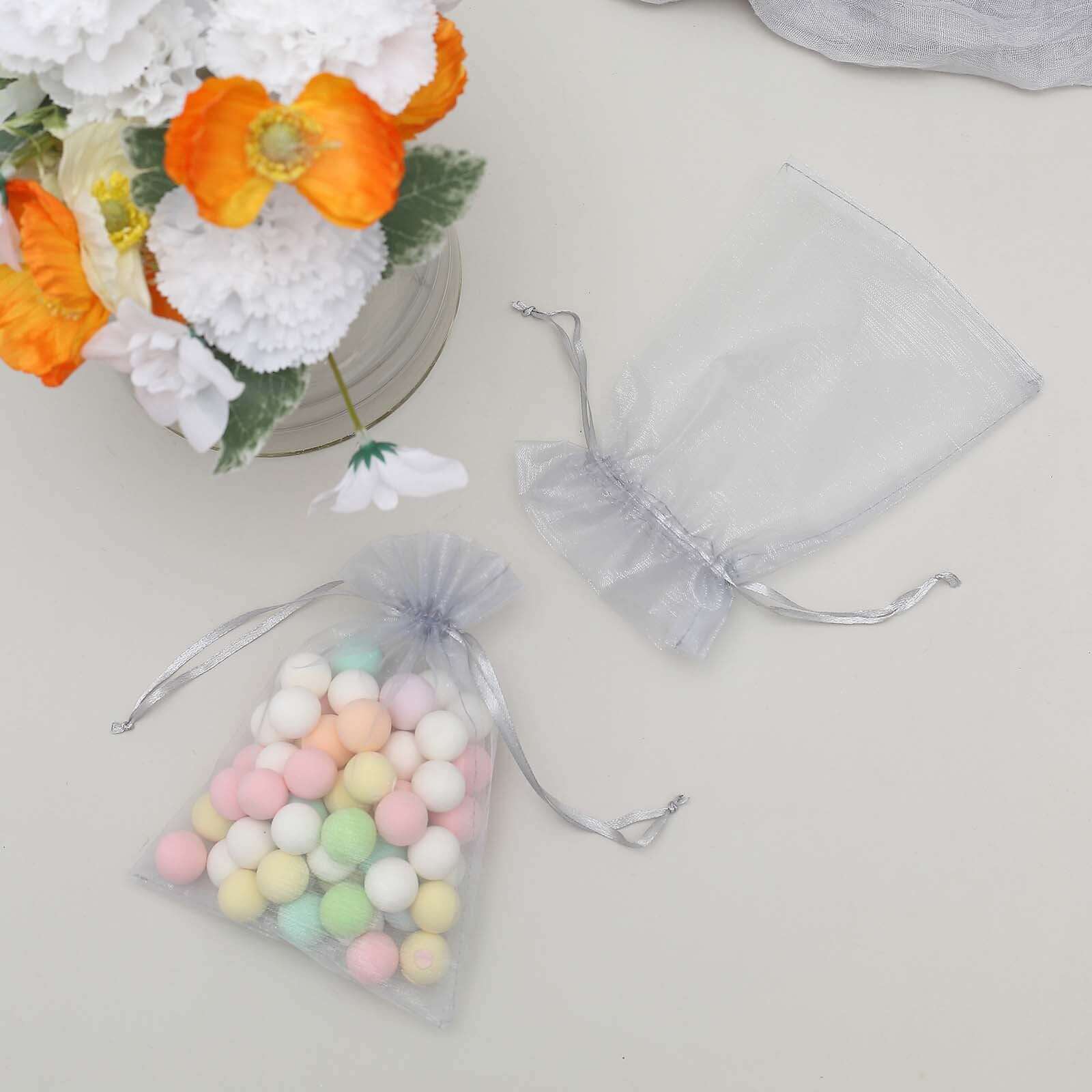 10 Pack 5"x7" Silver Organza Drawstring Wedding Party Favor Gift Bags - Linen Luxes
