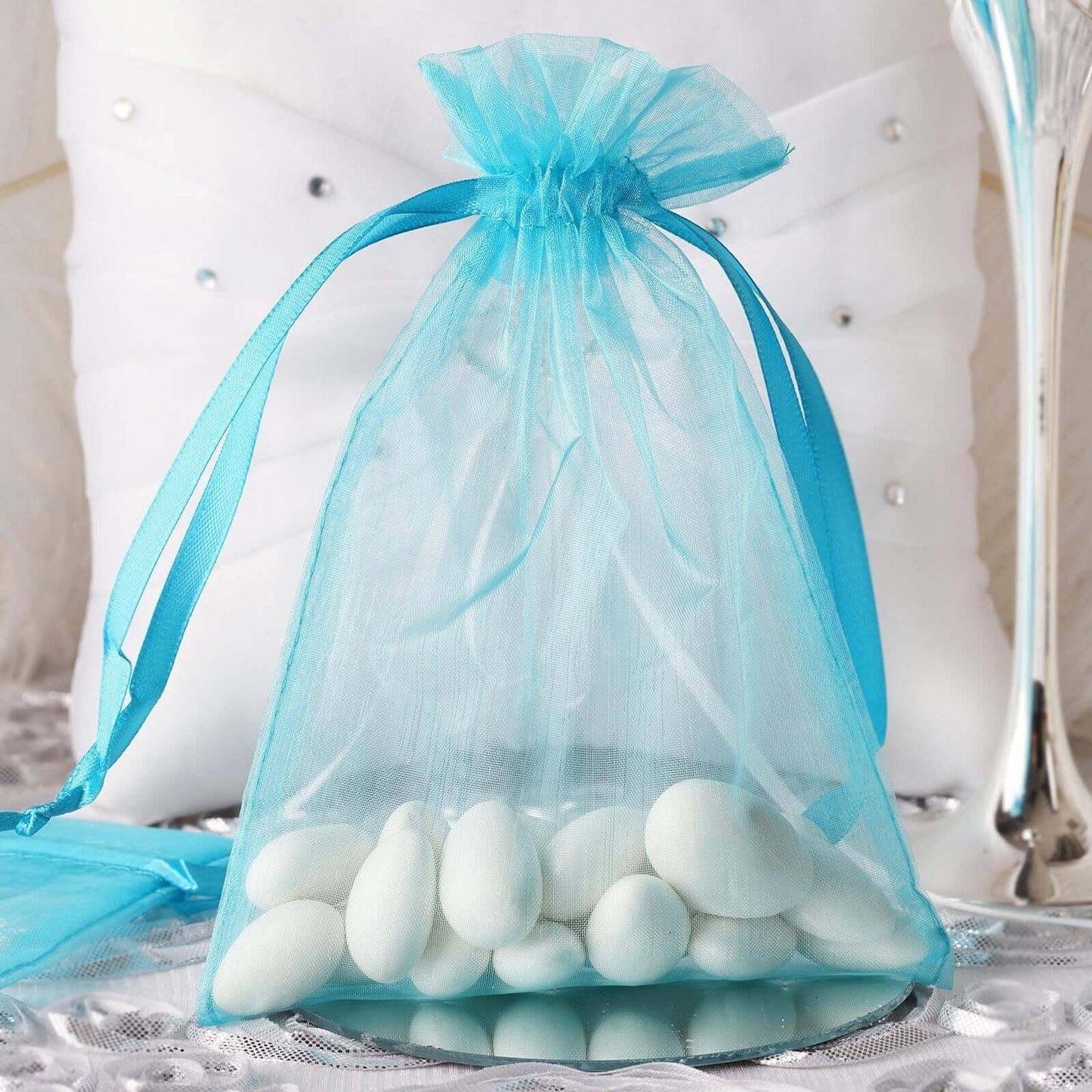 10 Pack 5"x7" Turquoise Organza Drawstring Wedding Party Favor Gift Bags - Linen Luxes