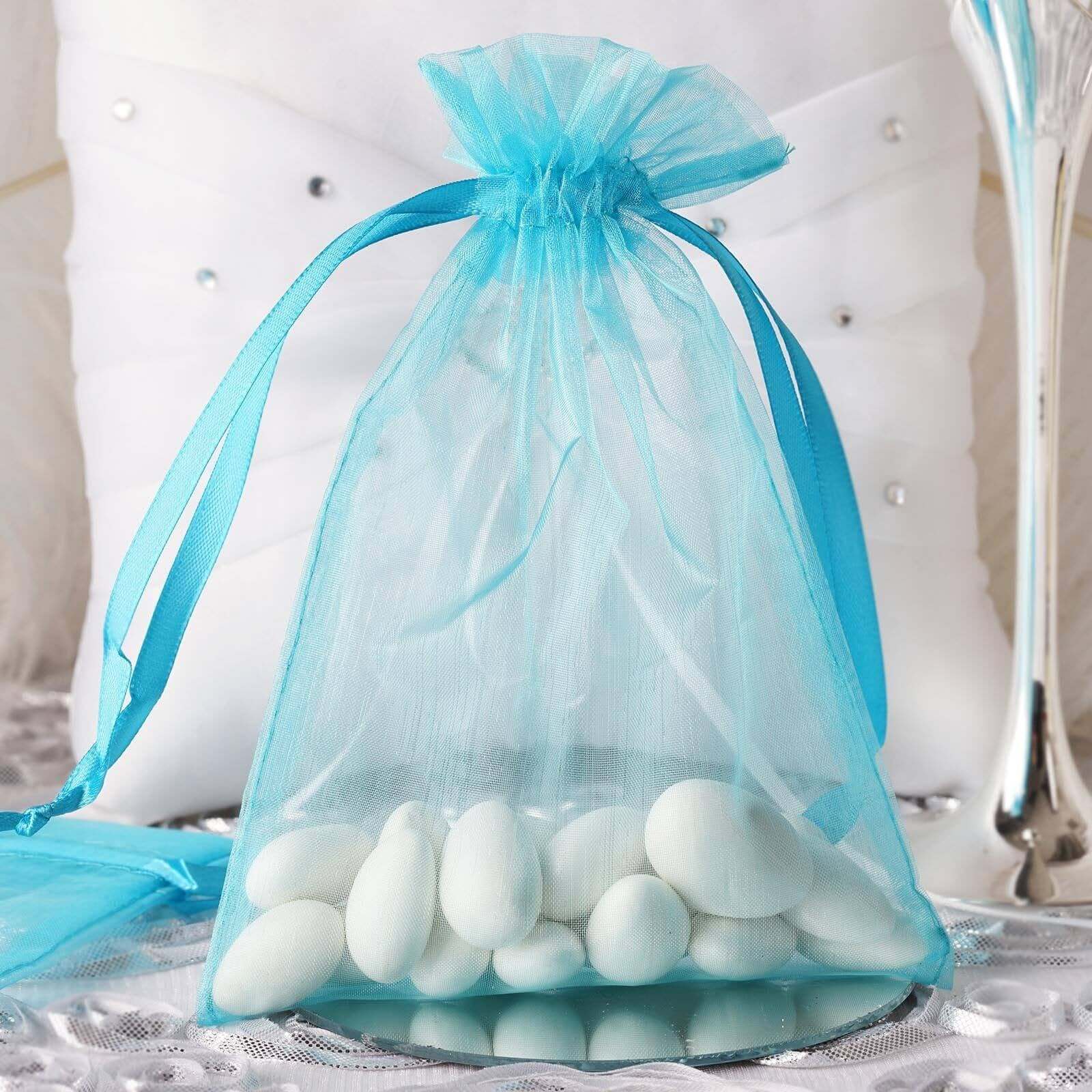 10 Pack 5"x7" Turquoise Organza Drawstring Wedding Party Favor Gift Bags - Linen Luxes