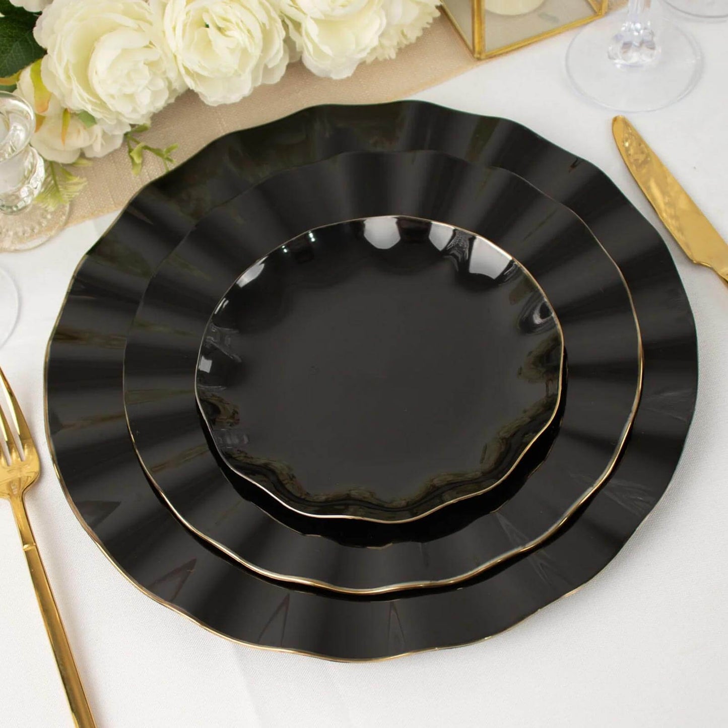 10-Pack Plastic Round 6" Dessert Plates in Black Ruffled Rim with Gold Edging - Sturdy Disposable Salad Appetizer Dinnerware