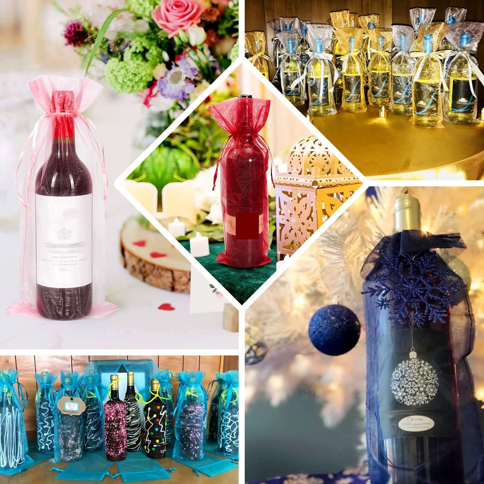 10 Pack 6"x15" Silver Organza Drawstring Party Favor Wine Gift Bags - Linen Luxes