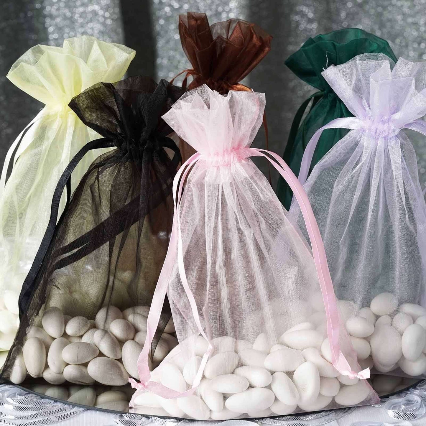 10 Pack 6"x9" Chocolate Organza Drawstring Wedding Party Favor Bags - Linen Luxes
