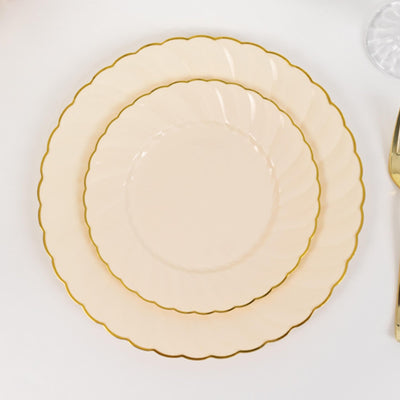 10-Pack Plastic 7.5" Round Salad Dessert Plates in Ivory with Gold Flair Rim - Disposable Party Plates