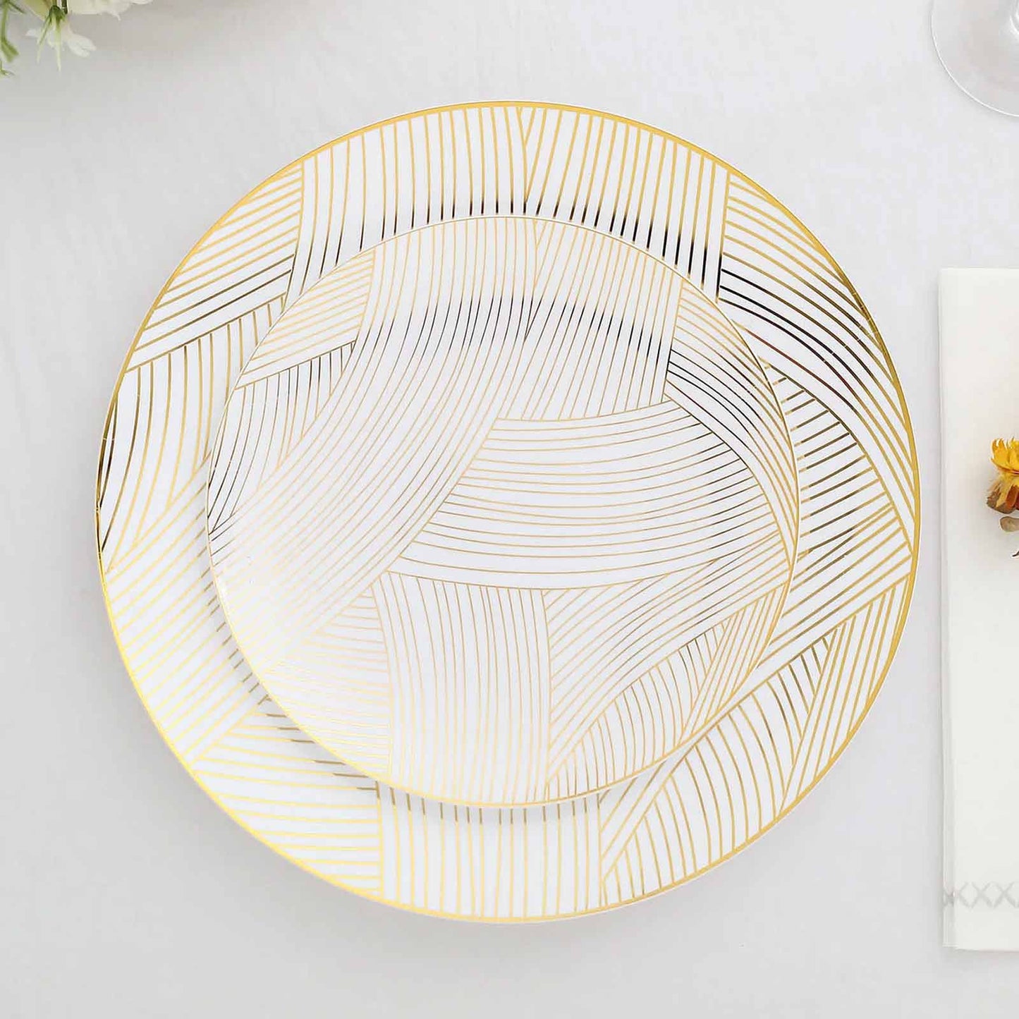 10-Pack Plastic 7" Round Dessert Plates in White with Gold Wave Brush Strokes Pattern - Disposable Appetizer Salad Plates for Modern & Classy Table Decor
