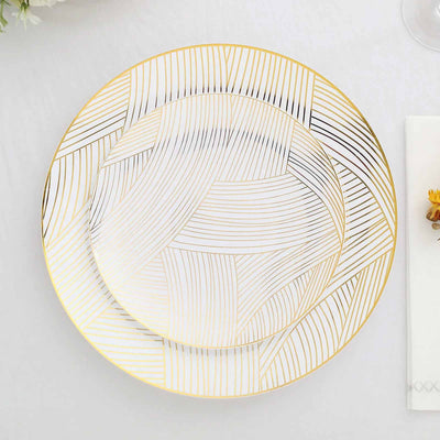 10-Pack Plastic 7" Round Dessert Plates in White with Gold Wave Brush Strokes Pattern - Disposable Appetizer Salad Plates for Modern & Classy Table Decor