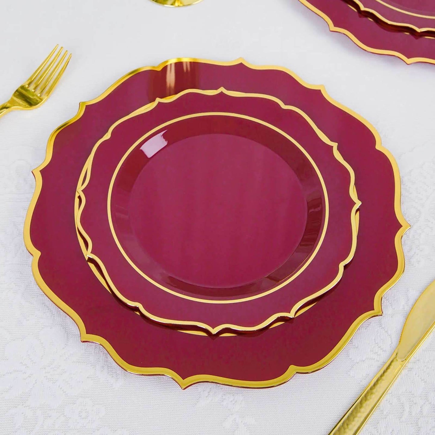 10-Pack Plastic 8" Round Dessert Plates in Burgundy with Gold Scalloped Rim - Disposable Appetizer/Salad Plates
